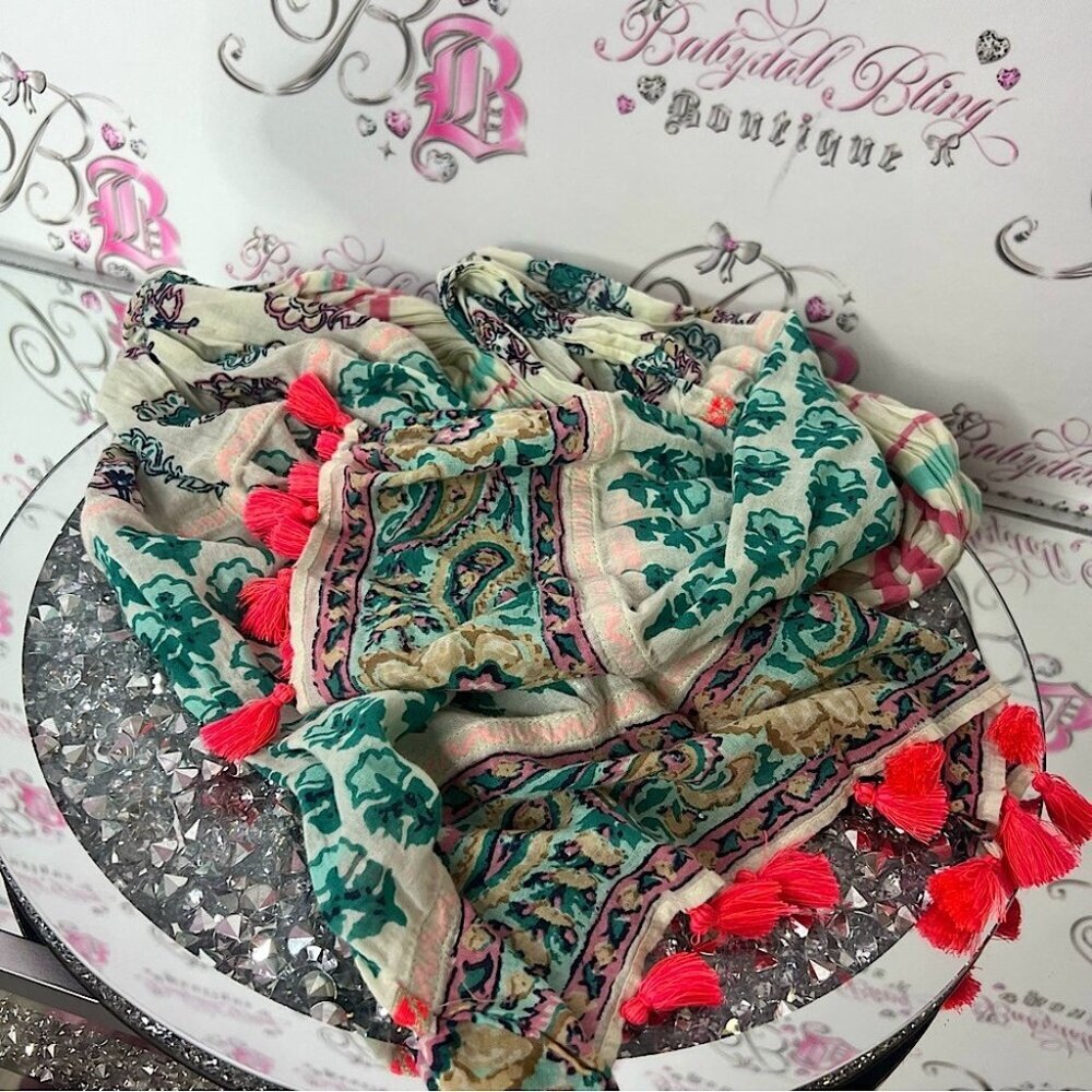 Scarf paisley boho print with neon fringe tassle detail Floral Patterned Tassels